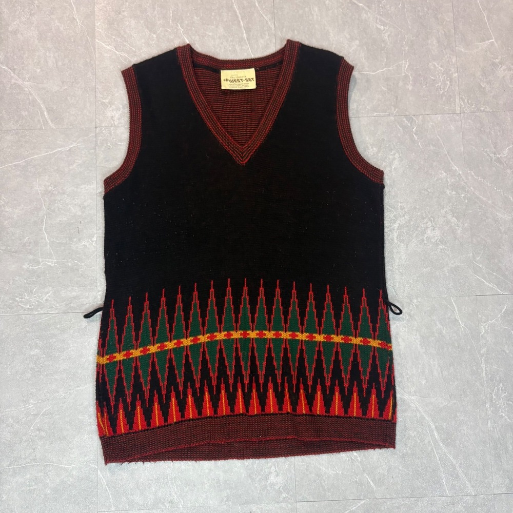 Vintage California West-Set Black Knit Sweater Vest Geometric Red Green V-Neck